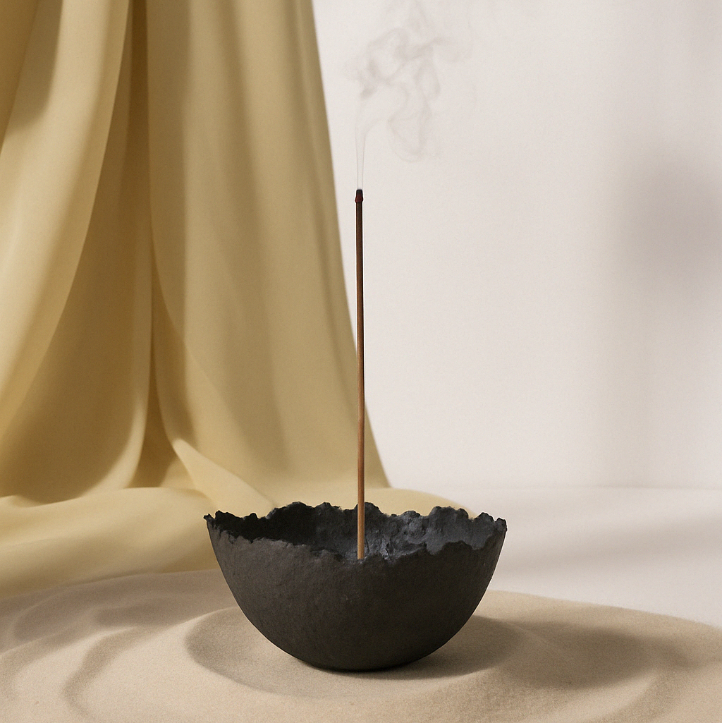 Handmade Textured Ceramic Incense Holder Vessel - Matte Black